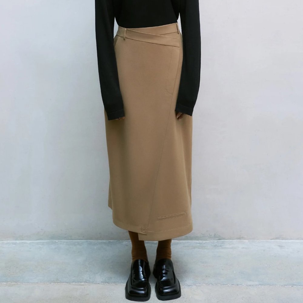 NWT Cordera Straight Tailoring deconstructed Asymmetrical Skirt Camel - Picture 2 of 13